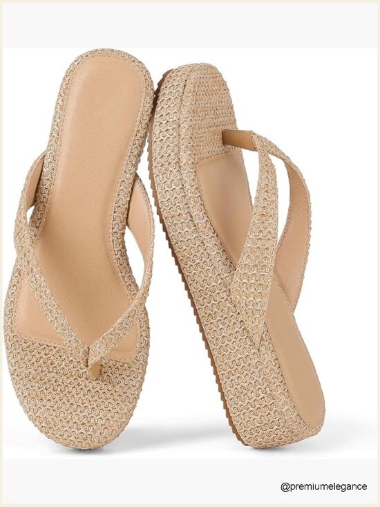 Shoes - Women's Raffia Platform Wedge Flip Flop Sandals - Non-Slip Beach